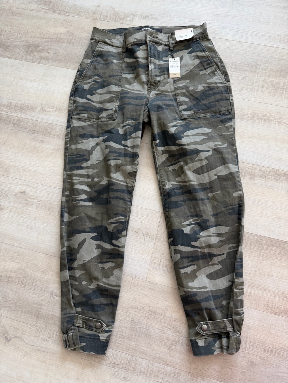 Express Camo High-Rise Cropped Pants in Olive and Gray